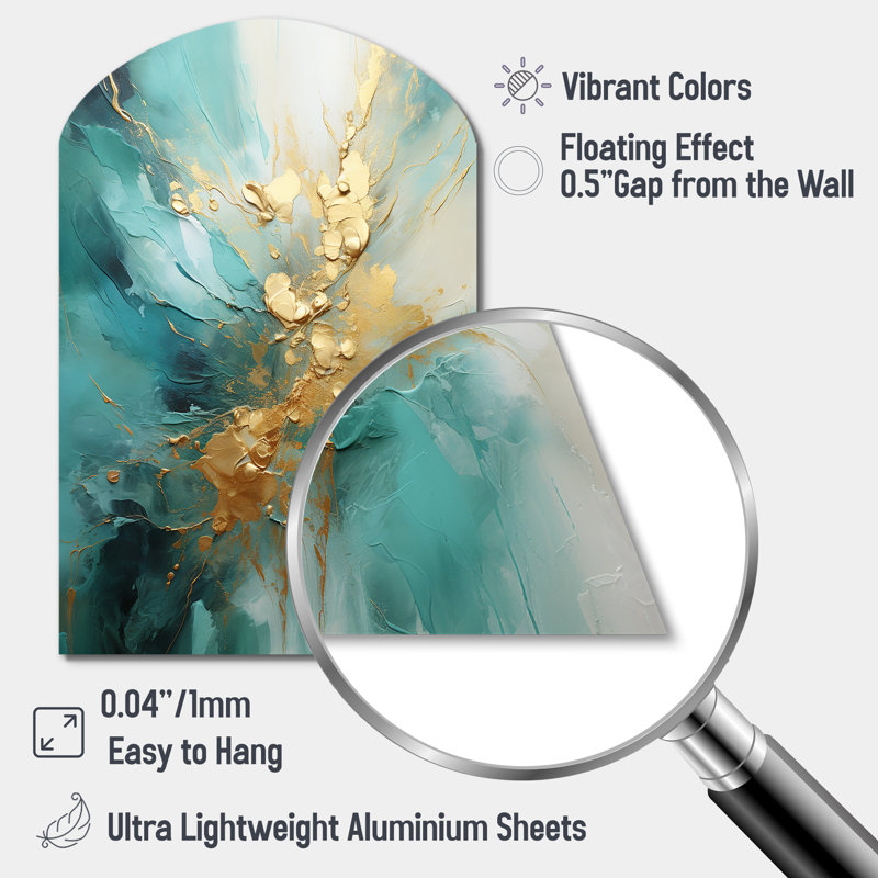Or et bleu sarcelle Aurora Harmony II - spirales abstraites, décoration murale asymétrique en métal, arche moderne