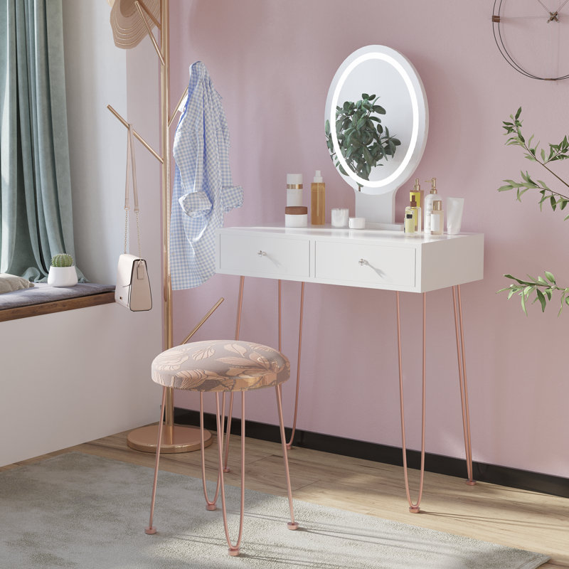 Ensemble coiffeuse Damitris avec tabouret jaune et miroir