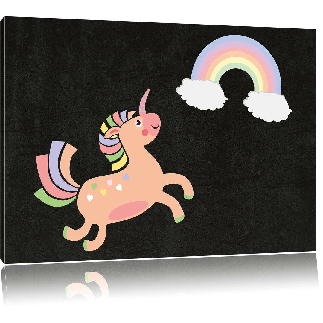 Leinwandbild Flauschiges Einhorn mit Regenbogen in Schwarz/Beige