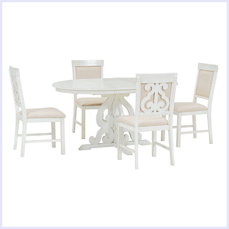 Mikes 4 - Person Extendable Pedestal Dining Set, Antique White, Antique White, Antique White/Beige