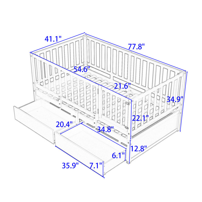 Wood 2 Drawers Floor Bed with Guardrails, Natural, Twin