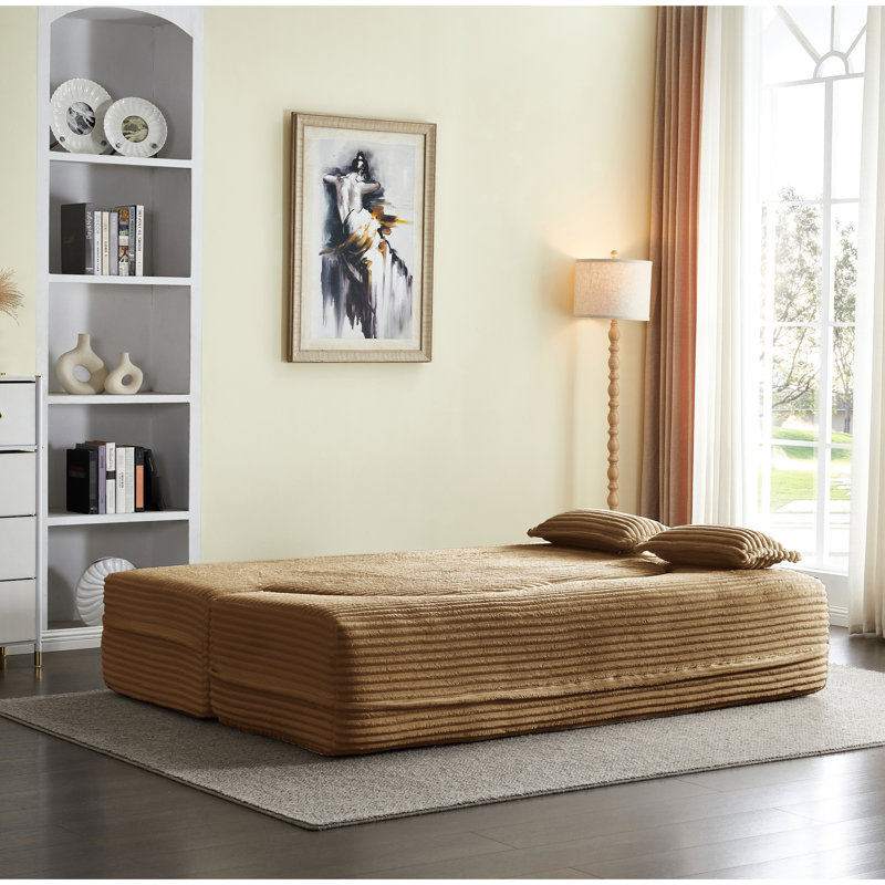 Lit double en velours côtelé pliant pour lit double avec deux coussins, peu encombrant pour les petits appartements, Camel