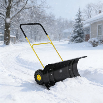 Snow Pusher with Wheels,U-Shaped Rod Snow Plow Shovel with 29" Heavy Duty Steel Blade & Adjustable Angle Height Handle, Ground Protection Base, Ergonomic Push Shovel for Driveway,Truck
