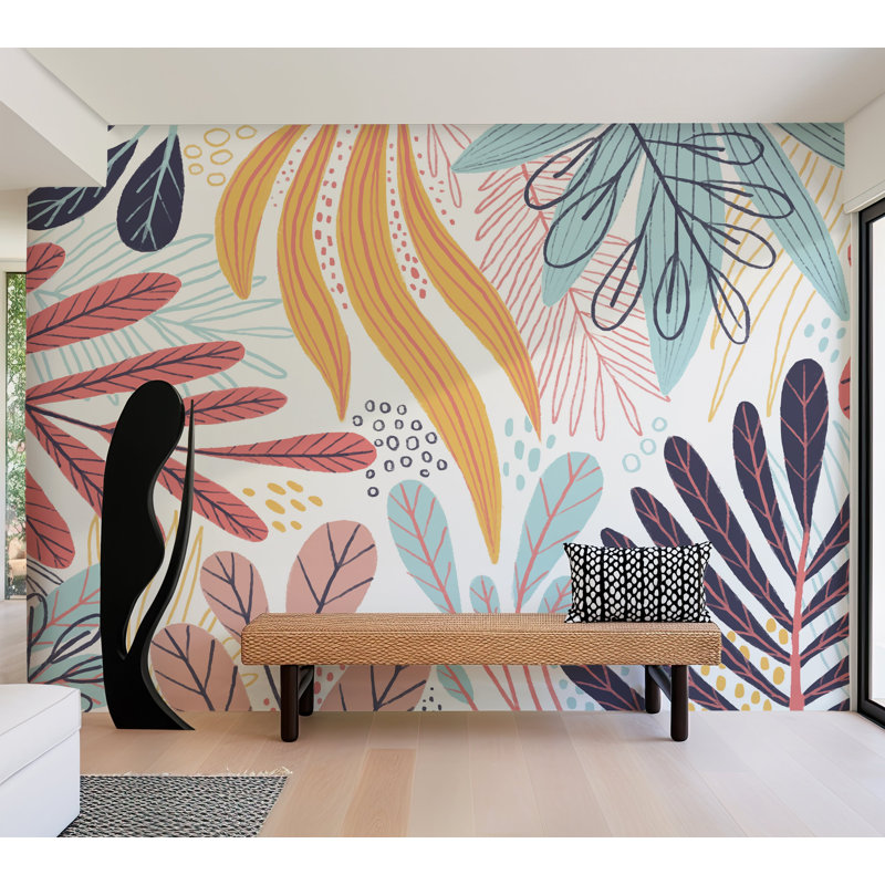 Papier peint de qualité supérieure - Feuilles botaniques abstraites, L 60 po x L 60 po, Tissu, Peler et coller