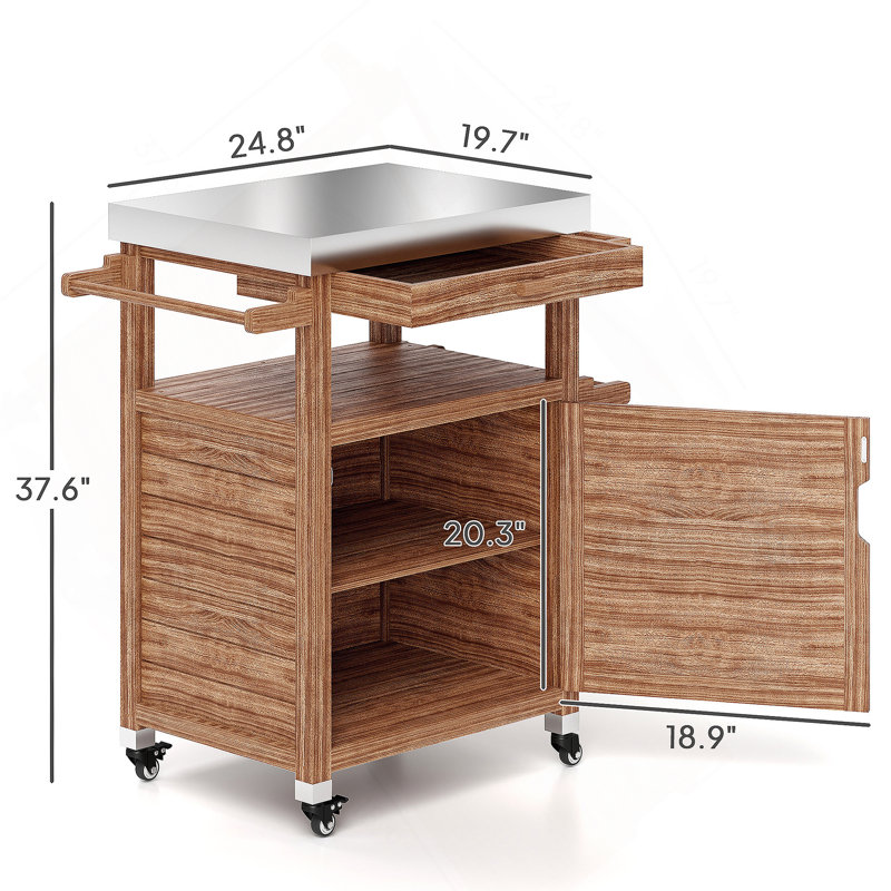 Îlot de cuisine en bois massif, chariot de barbecue avec plateau en acier inoxydable, roues, tiroir, poignée latérale