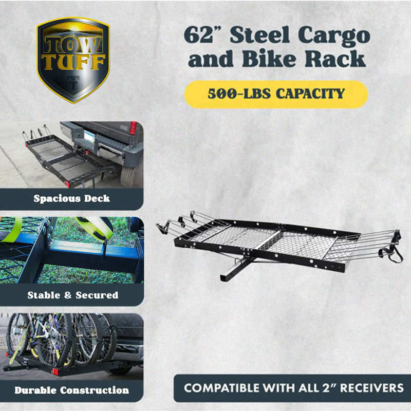 Tow Tuff 62 Inch Steel Cargo Carrier and Bike Rack, Fits All 2 Inch Receivers