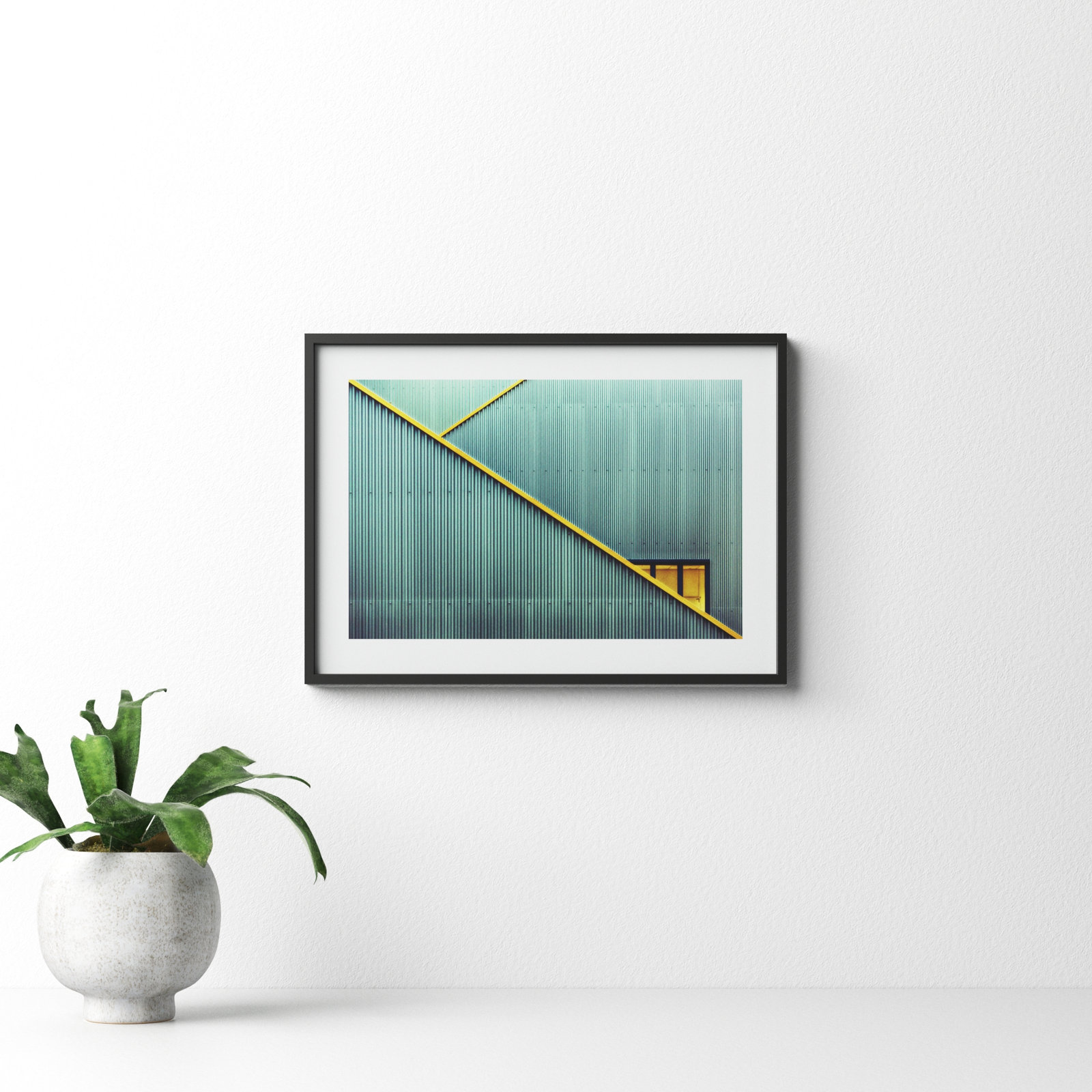 Stairs and Yellow Door Print by Jan Niezen, 14.25" H x 19.38" W x 0.88" D, Black Framed Paper
