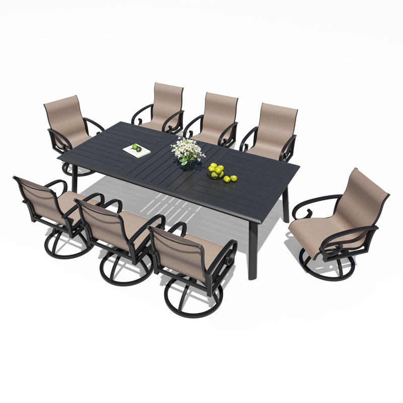 8 - Person Aluminum Patio Dining Set with Sunbrella Swivel Armchairs, Brown/Black