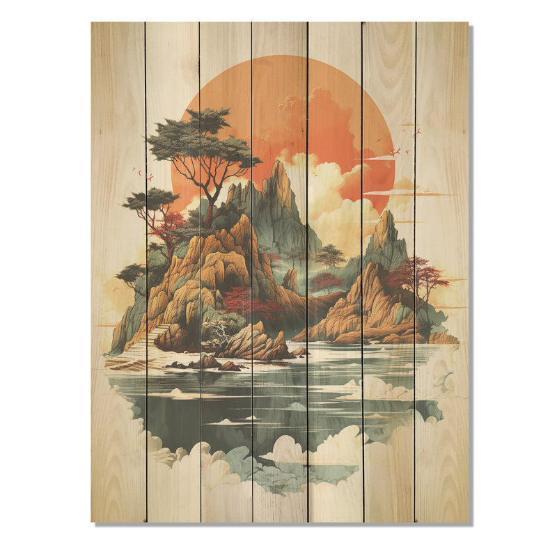 Paysage de lac japonais rétro II - motif côtier tropical sur bois, H 20 po x l 10 po