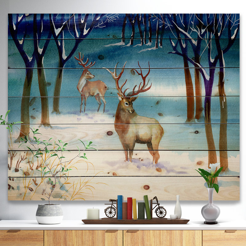 «Amazing Winter Forest with Deer», impression, H 15 po x l 20 po x P 1 po, Bois