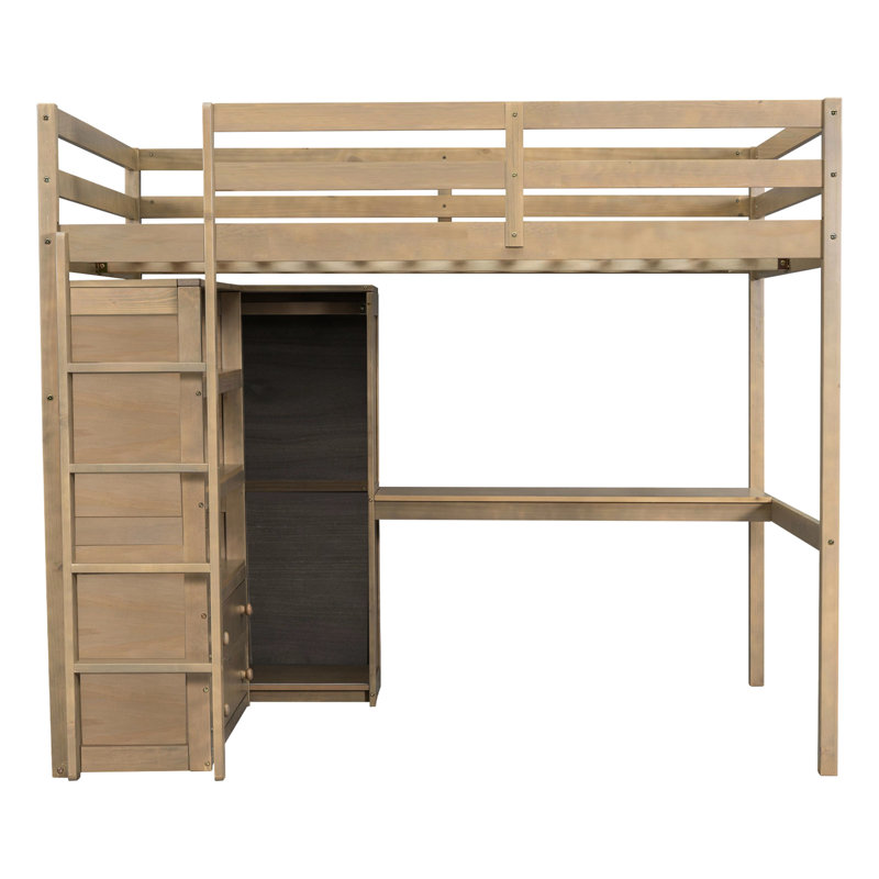 Lit mezzanine double en bois de noyer avec bureau intégré, garde-robe, rangement et 2 tiroirs, sans sommier, garde-corps en bois, tablettes