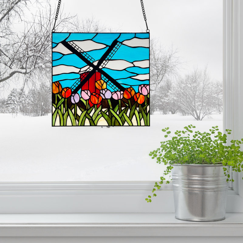 14.5"H Windmill Stained Glass Window Panel