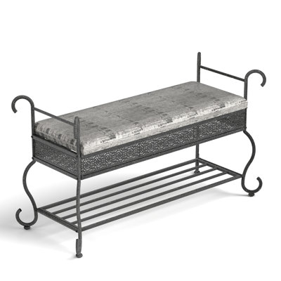 Upholstered, Rectangular Bench For Entryway, Silver Accents, Fabric And Metal Material, Open Undershelf, Multipurpose Use Upholstered Bench, Trim, Construction,