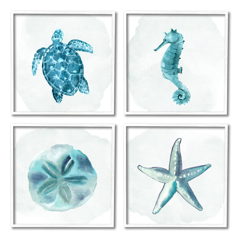 Aquatic Ocean Life Portraits par Kim Allen - ensemble de 4 impressions sur bois, H 24 po x l 24 po x P 1,5 po