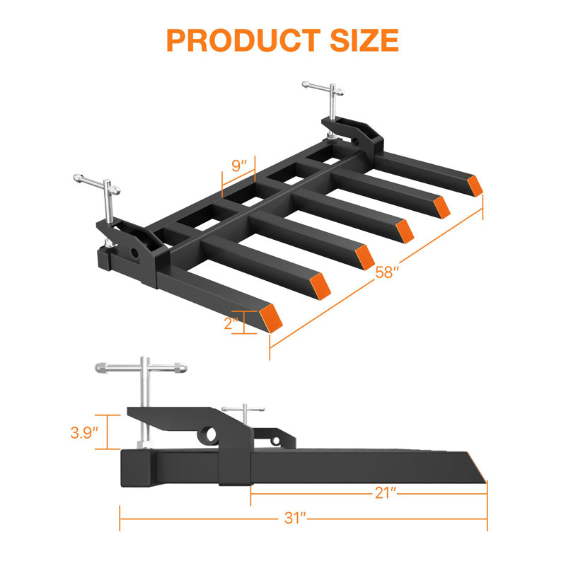 Heavy-Duty Clamp-On Pallet Forks, 147cm 6-Tine Bucket Attachment with Adjustable Stabilizer Bar for Tractor & Skid Steer, 1814kg Load Capacity