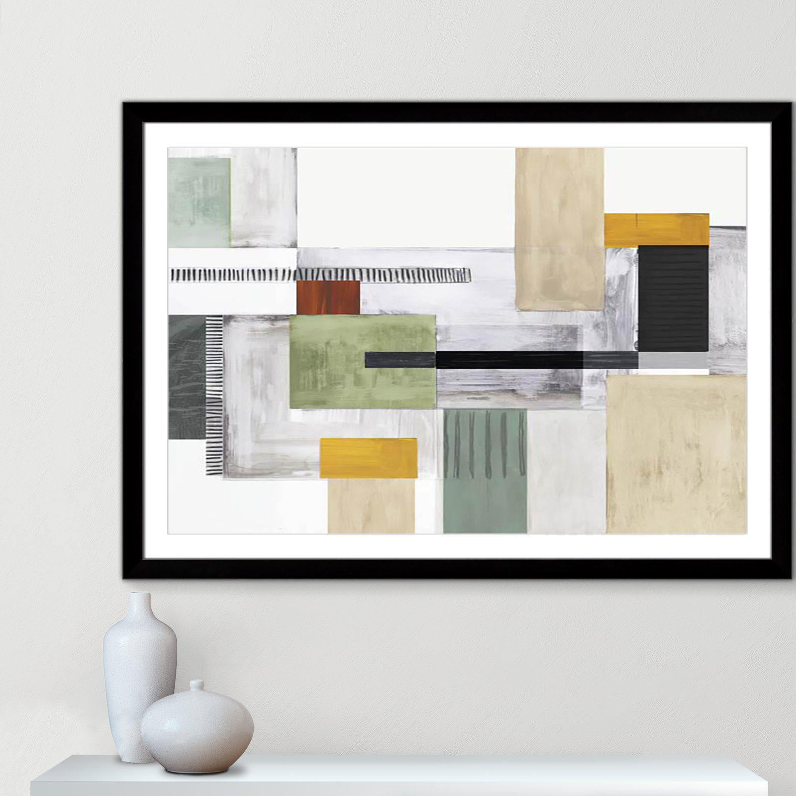 Playful Blocks Print by Tom Reeves, White, Black Cube Picture Framed, 35" H x 49" W x 1.25" D