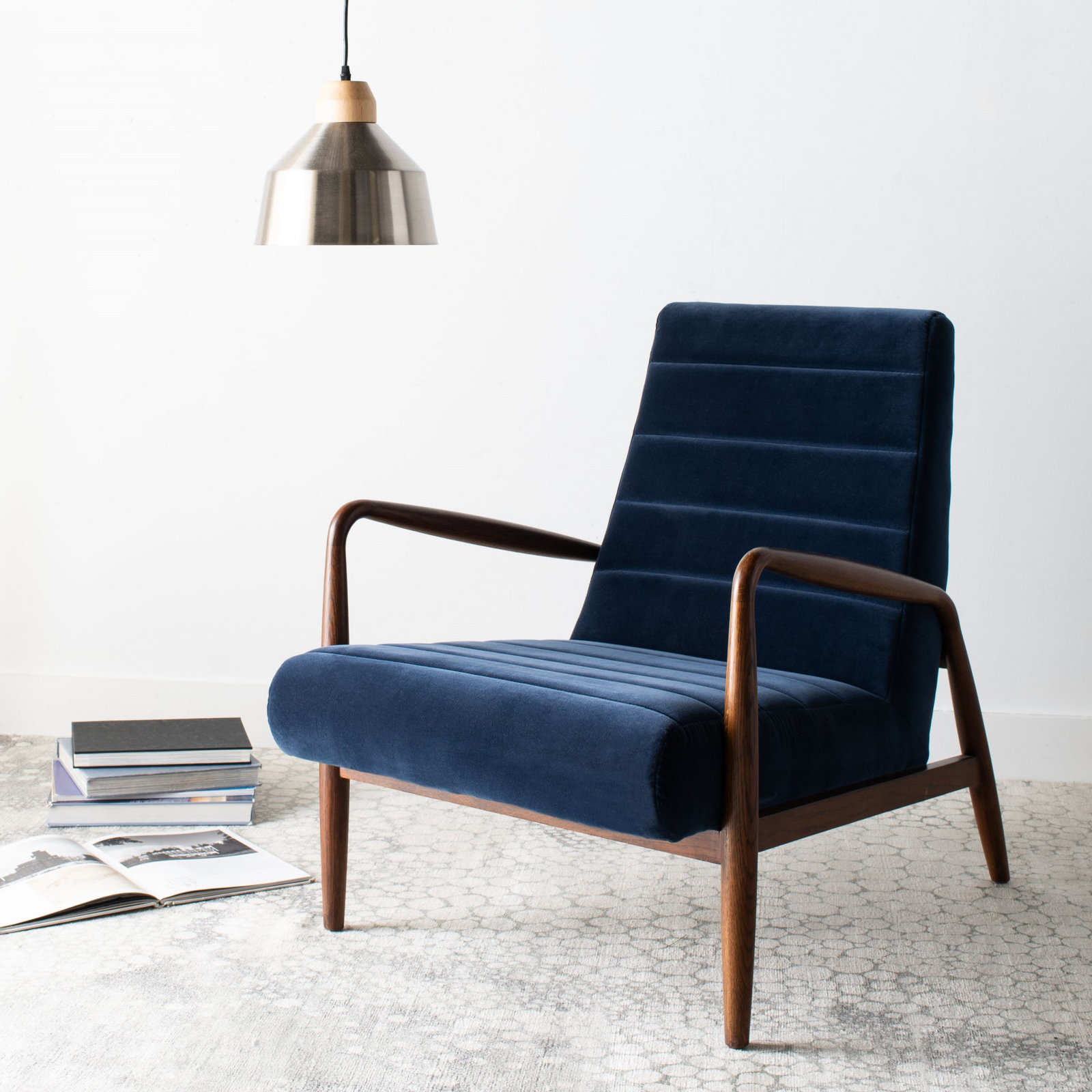 Barrow Oak Velvet Armchair, Navy Velvet