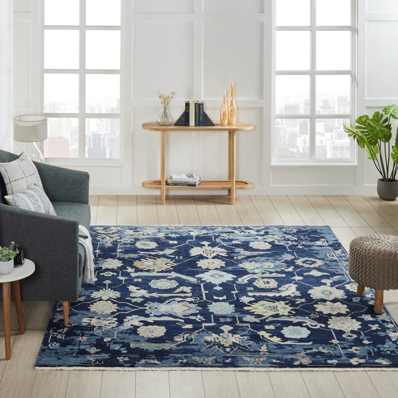 Timeless Fusion Hand Knotted Wool Floral Area Rug in Blue, Rectangle 4' x 6'
