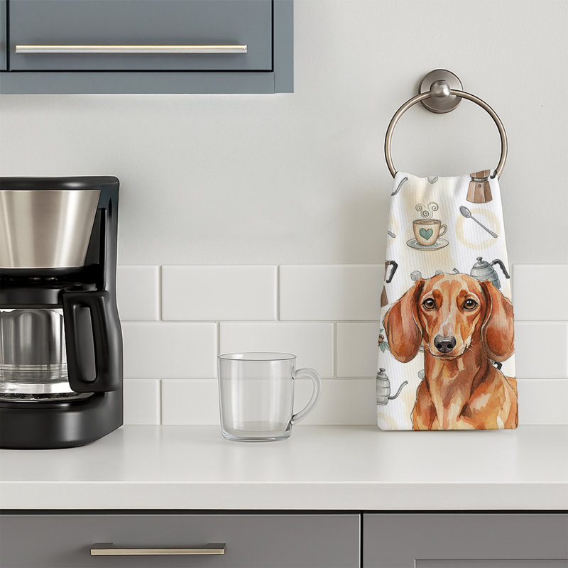 Red Brown Dachshund Coffee Bar Kitchen Towel, Red Brown Dachshund