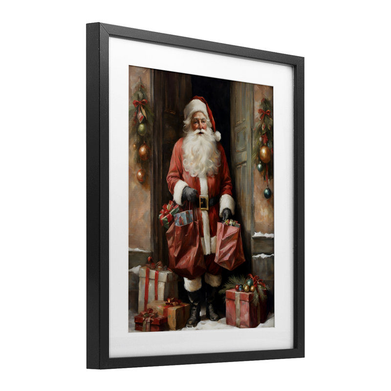 «Santa Claus on Doorstep», reproduction encadrée sous verre, conception de Jo Moulton, H 21 po x l 17 po, Cadre noir minuit