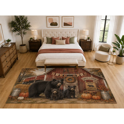 Grand tapis de famille d'ours «Ultra Thin» 6 pi 7 po x 9 pi 10 po, tapis d'intérieur doux à poils courts, envers en silicone antidérapant, salon, brun