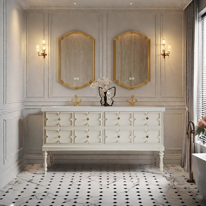 French retro bathroom cabinet, 32.3" H x 66.9" W x 21.6" D