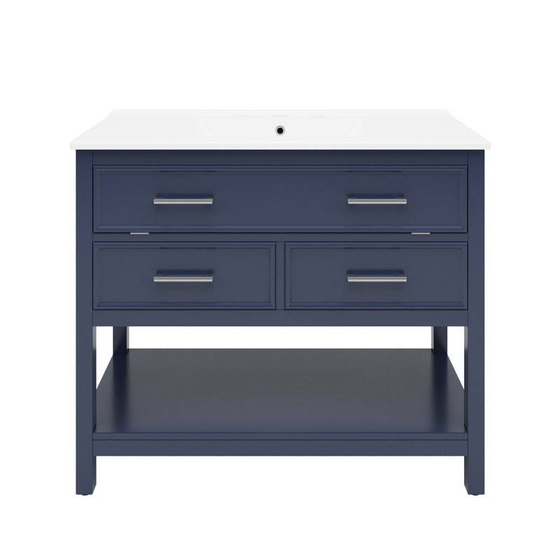 Meuble-lavabo bleu 36 po avec teinture - Lavabo en céramique, tiroirs à fermeture en douceur, poignées argentées et tablette à accès ouvert