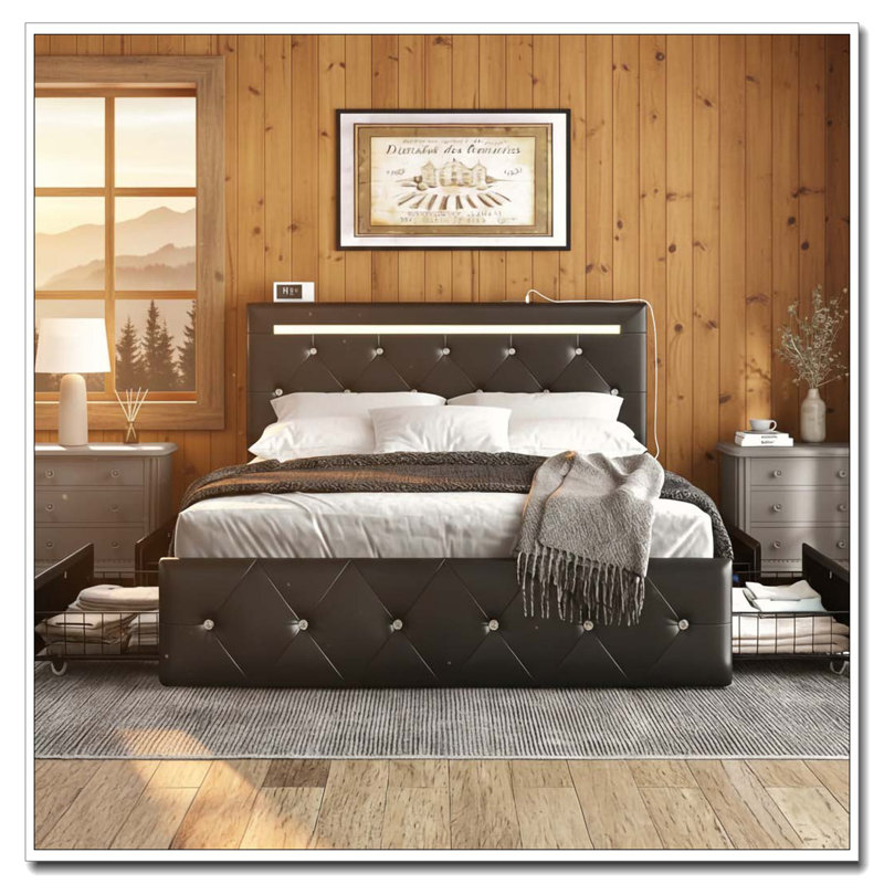 Bed Frame with LED Light and Storage Drawers, PU Upholstered Bed Frame with Adjustable Headboard, Black, Full
