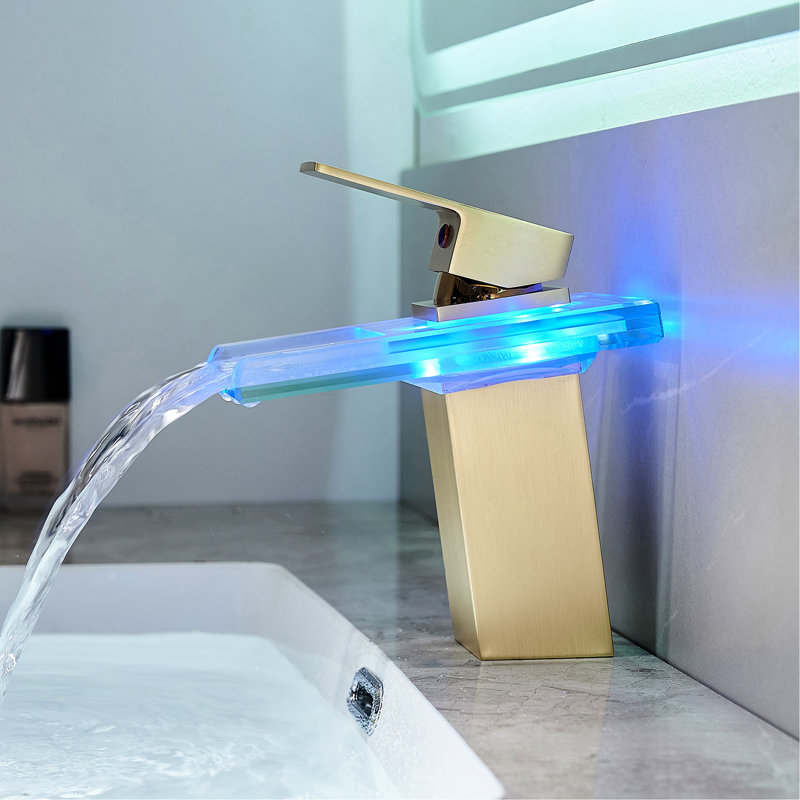 Robinet de salle de bain à fixation sur comptoir à un trou, DEL 3 couleurs, mélangeur d'eau froide et chaude, bec cascade, lavabo mélangeur à finition or brossé,