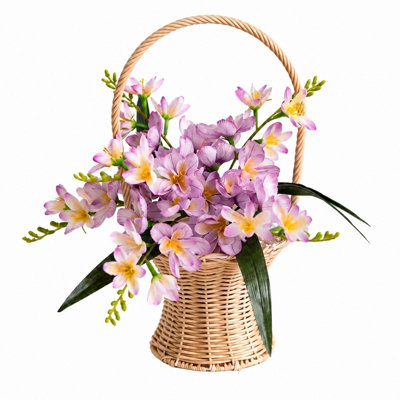 14.9in. Artificial Light Purple Freesia Mixed Flower Arrangement in Handwoven Rattan Basket