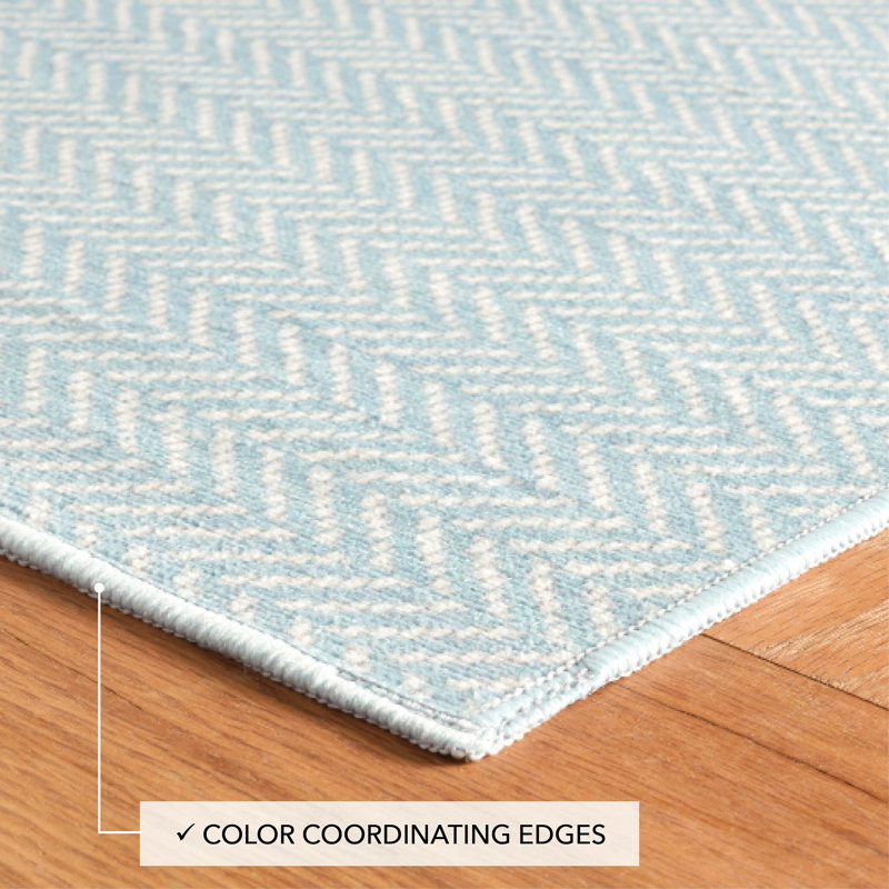 Herringbone Swedish Blue Machine Washable Rug, Rectangle 3' x 5'