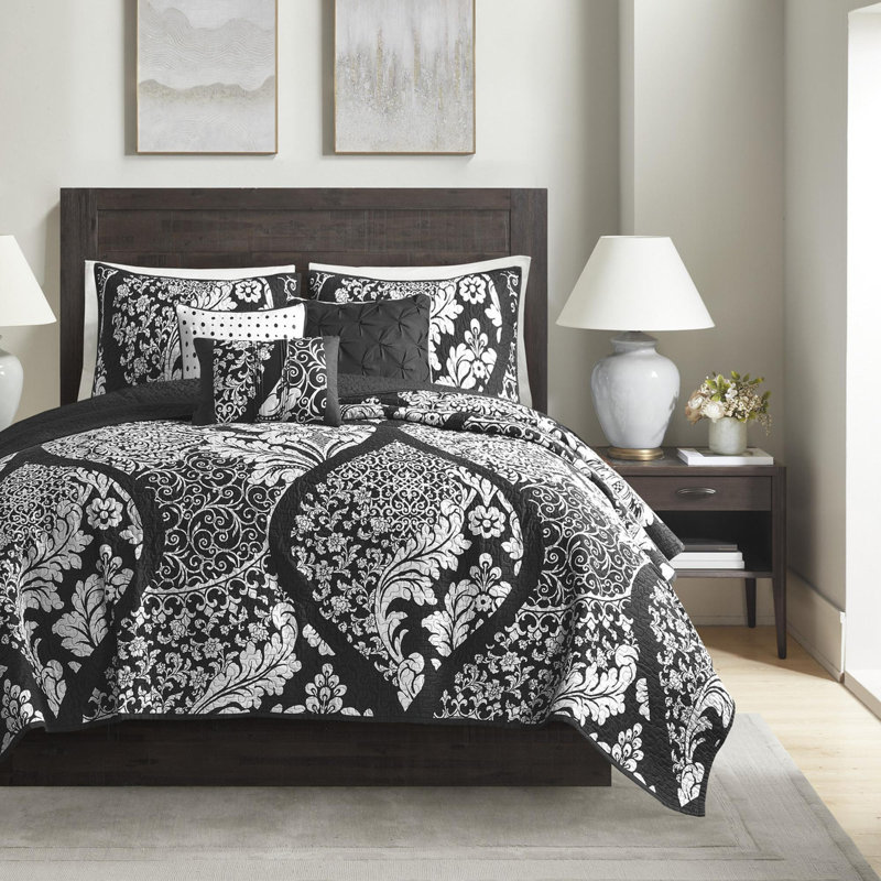 Ensemble de courtepointe réversible en coton 6 pièces, Black, King Quilt + 5 Additional Pieces