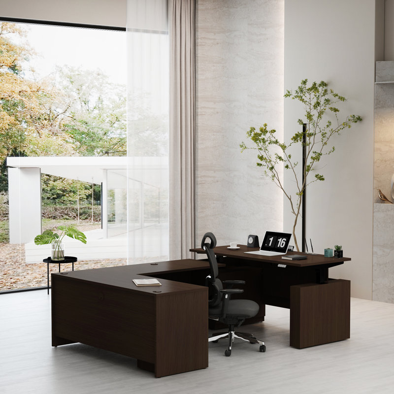 Adjustable U-Shaped Executive Desk, Espresso