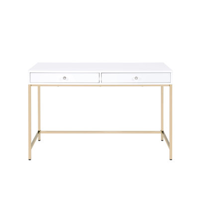 High Gloss White Desk With Two Storage Compartments And Gold Base Contemporary Study Table In Finish Drawers