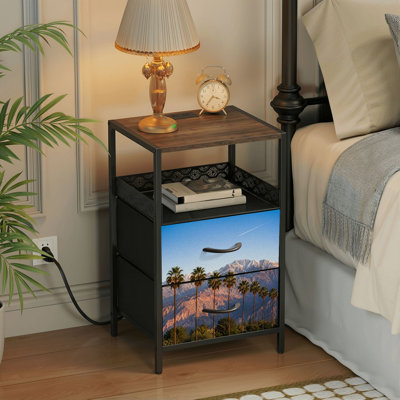 2 Drawers Nightstand with Charging Station, Bedroom Nightstand with USB Ports &amp; Outlets Open Shelf Black, night stand with Desert Mountains Sunset Tall Palm Trees Clear Sky Print