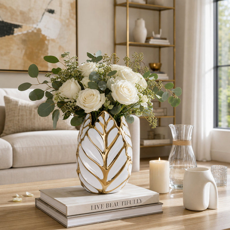Vase de table Addington en céramique Addington, Blanc / Doré