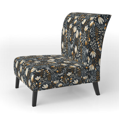 Retro Beige And Black Floral Fantasy - Upholstered Farmhouse Slipper Chair, Rustic Floral Accent Chair
