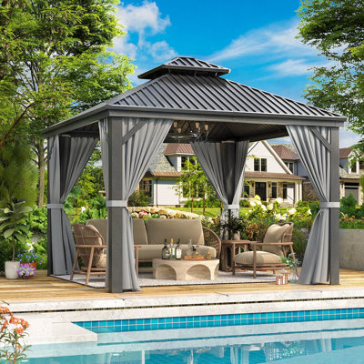 20 ft. W x 12 ft. D Hardtop Gazebo with Aluminum Frame, Double Roof Gazebo with Nettings and Curtains