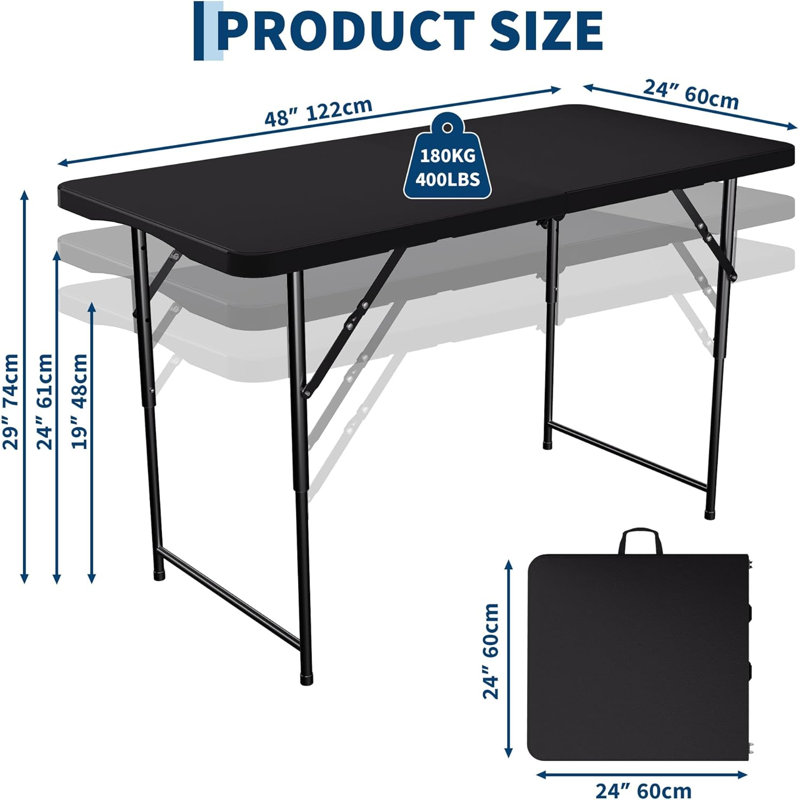 Table pliante de 4 pi, 3 hauteurs réglables, supportant jusqu'à 400 lb, Noir