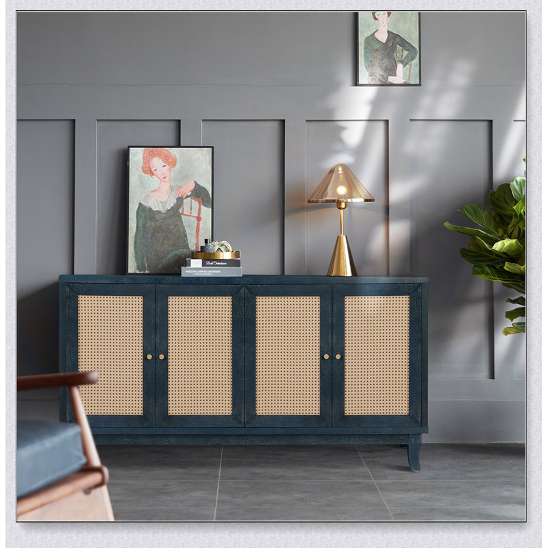 Buffet 4 portes en rotin avec tablettes réglables - panneaux de grain de qualité supérieure fabriqués à la main, armoire de rangement moderne