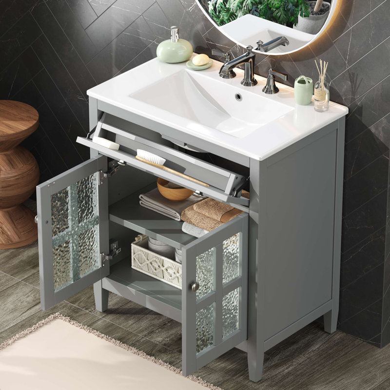 Meuble-lavabo de 30 po avec lavabo en céramique, tablette réglable et plateau basculant, meuble-lavabo avec pieds en bois massif, poignées en métal argenté et charnières à fermeture en douceur