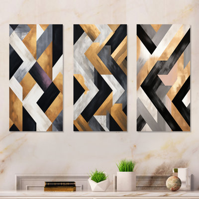 Black And Gold Geometric Tiles II - Abstract Geometric Metal Wall Art Set Of 3