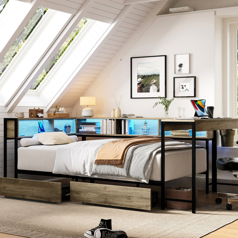 Structure de lit d'angle simple moderne avec bibliothèque, 2 tiroirs de rangement sous le lit, à DEL et station de charge, gris, solution pour chambre à coucher peu encombrante avec station pour adolescents