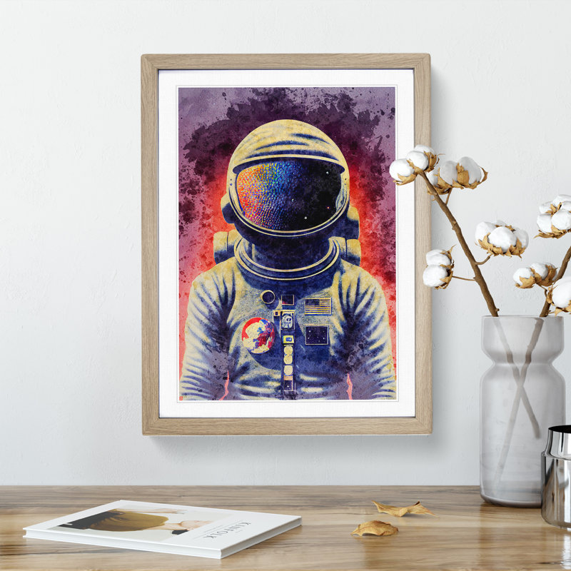 Astronaut in Watercolour No.2 1 Piece Single Picture Frame Painting, 46cm H x 34cm W x 2cm D, Oak Framed