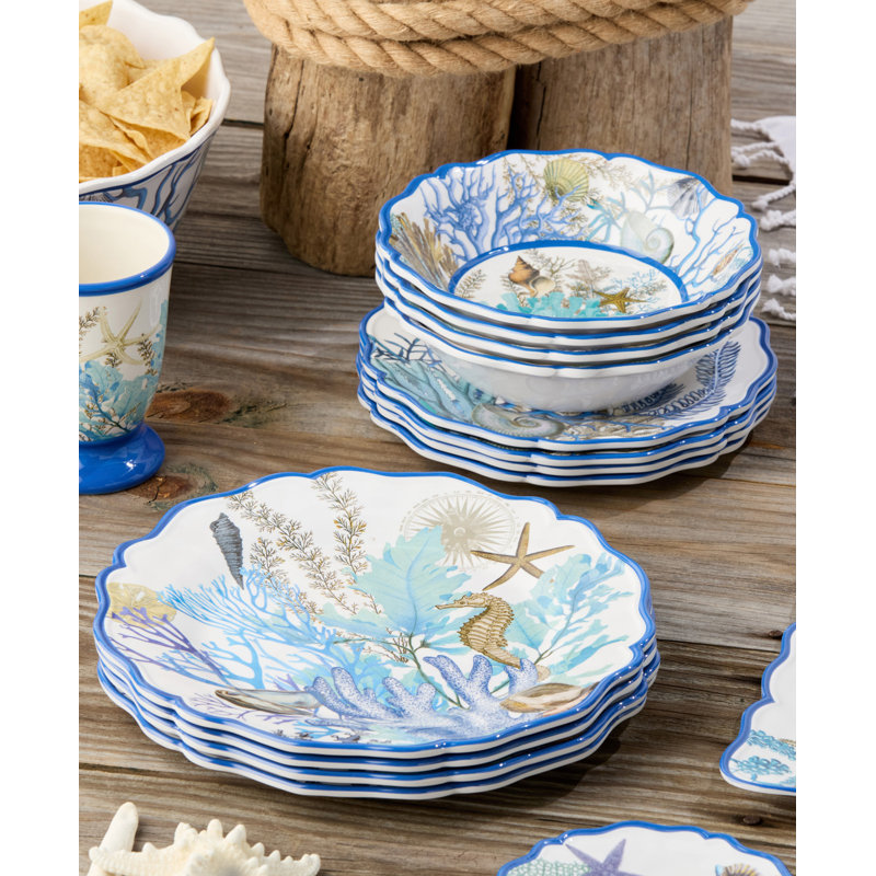 Blue Lagoon 12-Piece Melamine Dinnerware Set – Coastal Coral & Seashell Design – Service for 4 with Durable, Lightweight, BPA-Free Plates & Bowls – Dishwasher-Safe for Nautical & Beach House Decor