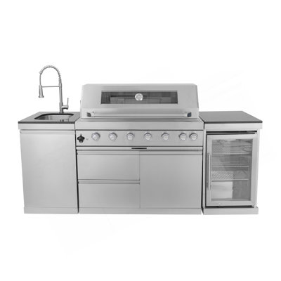 44-Inch 6-Burner 85000 BTU Deluxe Stainless Steel Gas Outdoor Kitchen Bar Barbecue Island Grill Wine Cooler Compact Refrigerator Rotisserie Granite Countertops Storage Cabinets & Drawers
