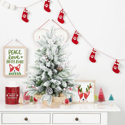 3FT Flocked Tabletop Christmas Tree With 355 Tips, Snowy PE/PVC Branches, 14 Pine Cones & 14 Red Berries, Burlap Cement Base – Small Decorative Tree For Home & Office Holiday Decor