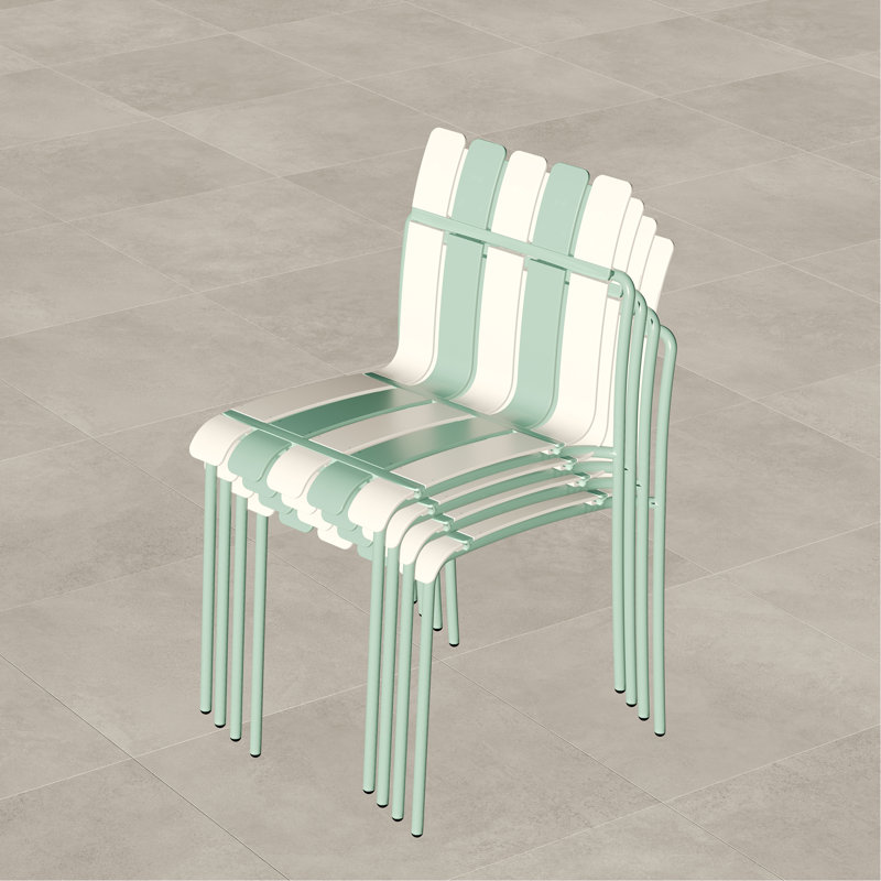 Ensemble de 4 chaises à blocs de couleur modernes et rayées - Siège en PP imperméable et pieds en métal robustes, ensemble de salle à manger intérieur / extérieur pour terrasse, balcon, café (blanc et vert)