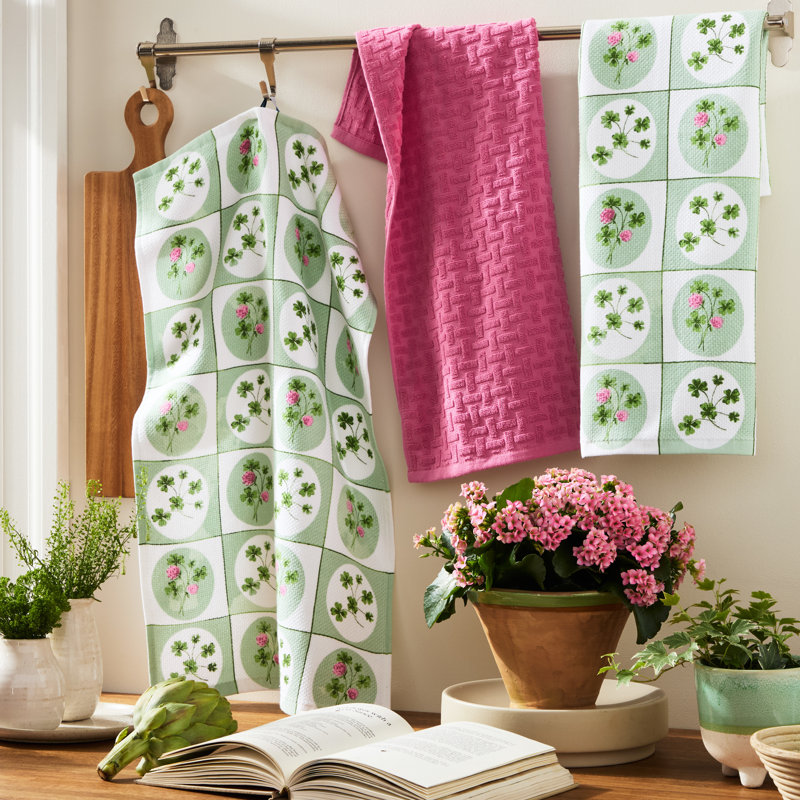 TOWN & COUNTRY LIVING Clover Windows Kitchen Towel 3-Pack Set, White/Green/Pink, 16"x28"