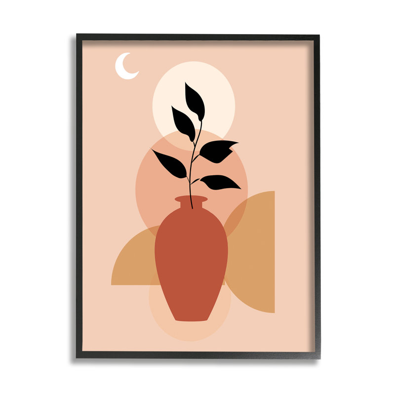 Vase Boho et lune sur bois par cadre arctique, H 30 po x l 24 po x P 1,5 po, Giclée encadrée noir minuit